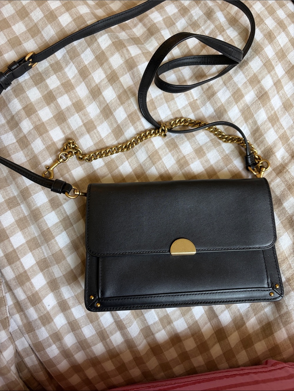 Black Coach Leather Crossbody Bag with Gold Chain Accent